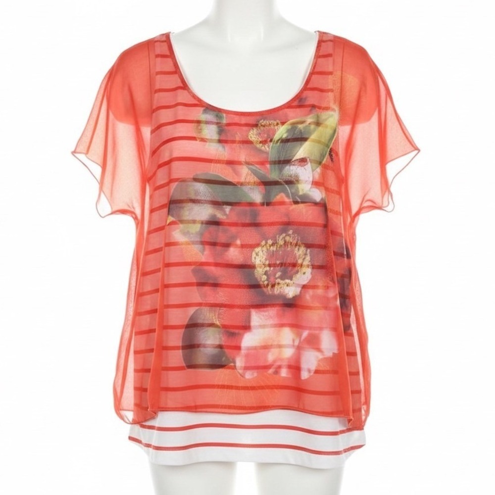 Live & Let Live Blouse L Orange Striped Floral Sheer Overlay‎ Boho Artsy Tunic